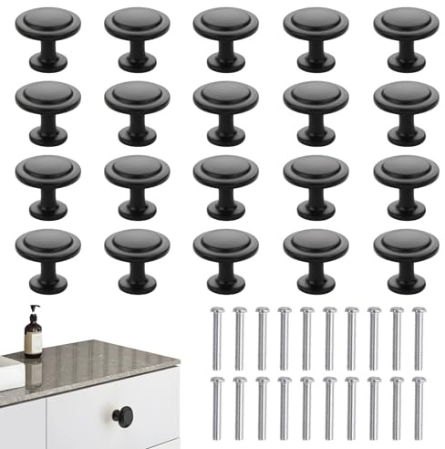 LoNinLoAn Runda möbelknoppar svarta, 20 stycken, byråknoppar matt, 30 mm skåpknappar, kökknappar, skåphandtag, lådhandtag med skruvar för skåp, lådor, kök, garderob
