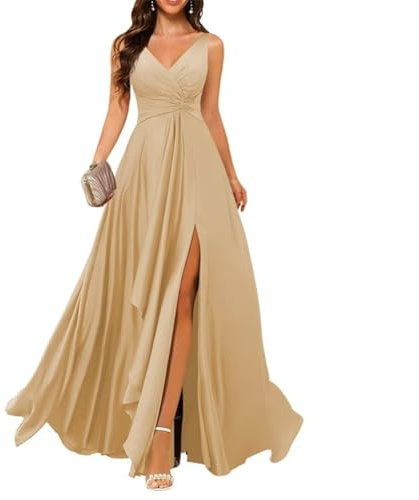 Abiti da damigella d'onore in raso per donna per matrimonio con spacco, abiti da cocktail, abiti da festa, taglie forti, Champagne, 44