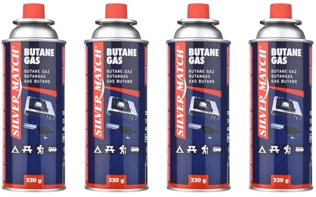 HIBRON 4 Silver Match Cartuchos de Gas Butano 220g para Hornillos y Quemadores, Compatible con CP250 y la Mayoría de Hornillos de Camping