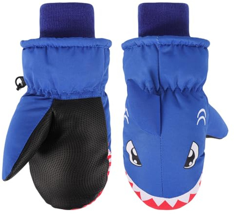 Jupsk Kids Winter Ski Gloves Waterproof Snowboard Mittens Anti Slip Plush Thermal Warm Shark Cycling Gloves for Toddler Children Girls Boys 3-5 Years Old
