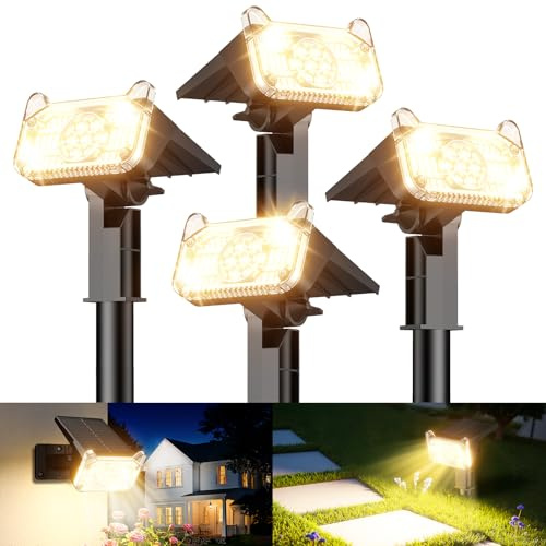 GEARLITE Pack de 4 focos solares para jardín exterior, 3000 K, blanco cálido, IP65 resistente al agua, 3 modos, 800 lm, lámparas solares Dusk to Dawn para patio, árboles, camino, plantas al aire libre