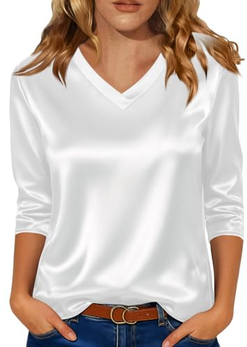 Satin Shirt Women UK 3/4 Sleeve Party Tops for Women V Neck Elegant Silk Blouses UK Casual Tee White M 38