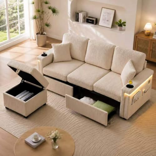 EURHCIO canape 3 Places avec Repose Pied Rangement,canapé d'angle modulable avec 2 Tiroirs,Porte-gobelets et Poches latérales,Tissu Velours Côtelé,pour Salon Chambre ou Bureau (Beige-A)