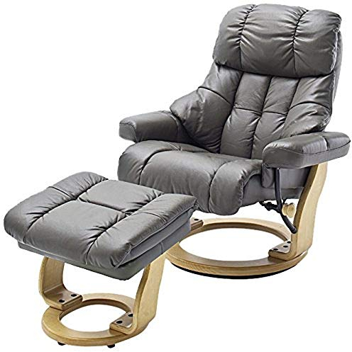 Robas Lund Relaxsessel Calgary mit Hocker, bis 130 kg belastbar, drehbarer Fernsehsessel mit Liegefunktion, Echtleder schlammfarben, Gestell Holz natur