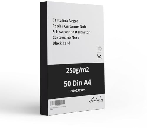 50 feuilles A4 Papier Cartonné Noir 250gr - Paquet de 50 feuilles noire cartonnée - Papier cartonné noir épais - Cartonnée couleur noir satiné à découper, peindre et dessiner