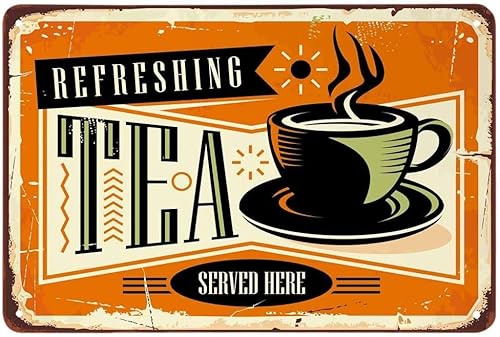 Tea Tin Sign,Refreshing Tea Service Here Dark Yellow Vintage Metal Tin Signs for Cafes Bars Pubs Shop Wall Decorative Funny Retro Signs for Men Women 8x12 Inch