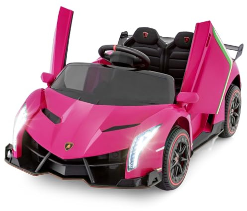 OLAKIDS 2 Seater Kids Ride On Car, 12V 4WD Licensed Lamborghini Veneno Electric Vehicle with Remote Control, Toddlers Battery Powered Toy Gift with 2 Speeds, Rocking Mode, Music, USB, MP3 (Pink)