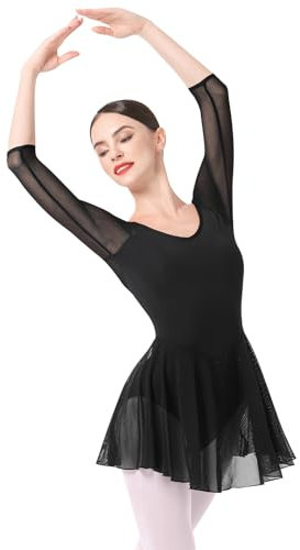 FYMNSI Abito da balletto da donna, con maniche a 3/4, in chiffon, per adulti, per danza, Nero , M