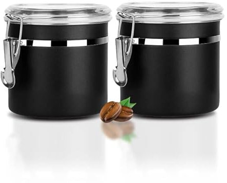 Walktosun Boîte à Café Hermétique, Conservation en Acier Inoxydable pour Grains de Café avec Couvercle Transparent Bocal Récipient Rangement Cuisine Alimentaires Stockage Thé (Lot de 2-1.2L - Noir)