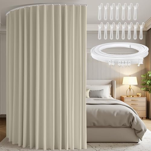 BTTO Raumteiler Vorhang mit Schienen, Extra Breite H244 x B254 cm Raumtrenner Gardinen Deckenmontage, Vorhänge Raumteiler Blickdicht Sichtschutz, für Balkon Wohnzimmer Schlafzimmer Büro, Beige, 1er