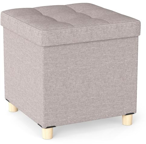 COSTWAY Folding Storage Ottoman, Linen Pouffe Footstool End of Bed Bench with Tray Lid, Solid Wood Legs Padded Footrest Toy Chest Box Vanity Stool Seat for Living Room Bedroom (Beige, 45x45x45cm)