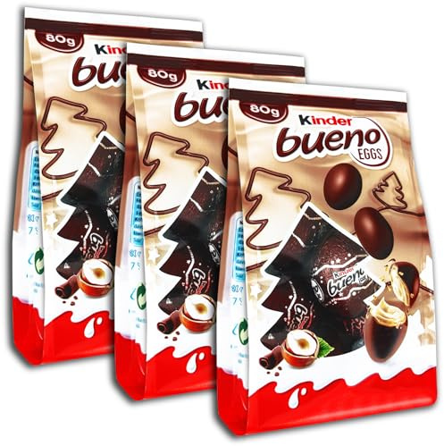 3 er Pack Ferrero kinder bueno Eggs 3 x 80g Einzeln verpackte Schokoladeneier aus Vollmilchschokolade gefüllt mit feiner Haselnuss-Magermilchcreme und einer Knusperwaffel