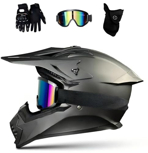 DriveNova Casco de motocross MTB Fullface, casco de cross para adultos con gafas, máscara y guantes, casco de moto integral para descenso ATV con 3 tamaños de forro incluido (Negro)
