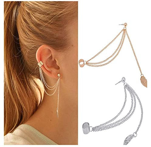 EQLEF 2 Paires Boucles d'oreilles Feuilles Punk Filles Mode Pendaison Oreille Manchette chaîne Argent et Or
