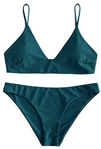 ZAFUL Women's Solid Spaghetti Strap Bralette Bikini Set Two Piece Swimsuit (0-Peacock Blue, L)