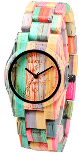 Alienwork Armbanduhr Damen Mehrfarbig Holz-Armband Natur-Bambus Handgefertigt