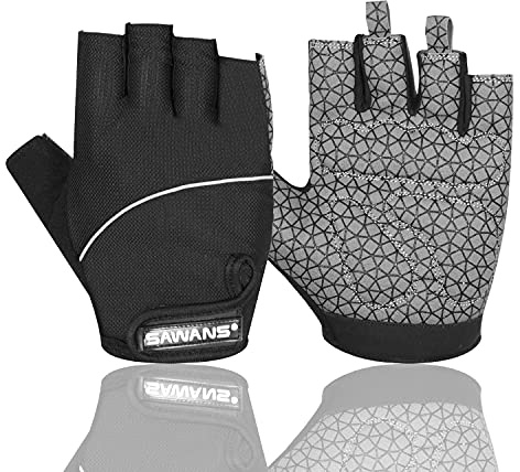 SAWANS Gel Cycling Gloves Fingerless Padded Mountain Bike Bicycle Gloves Anti-slip Gym MTB Half Finger Reflective Biking Mitts Shock Absorbing Hiking Sports (Black, M)