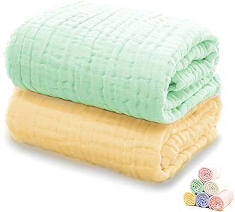MOOMERRY® 2 Stücke Thermo-Musselin Decke 110 × 110 cm – 6-lagig – 100% Fein Gewebte Baumwolle – Mulltuch Krabbeldecke Badetuch Pucktuch Spucktuch – Premium Qualität (Grün und Gelb)