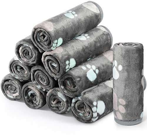 Tegeme 12 Pcs Pet Blankets Soft Fluffy Fleece Dog Cat Warm Paw Print Pattern Blankets Flannel Throw for Pets Dog Puppy Cat(23 x 16 Inch,Dark Gray)