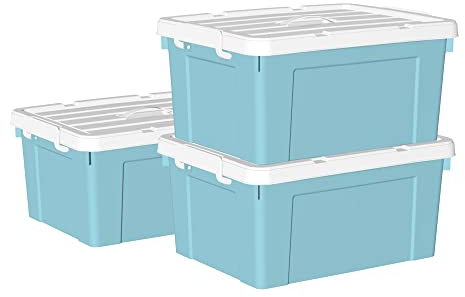 Cetomo 35L*3 Scatole di Stoccaggio in Plastica, Scatole Portaoggetti con Coperchio, Organizzatore con Manico, Contenitori per Casa e Ufficio, Impilabile, Resistente, Blu, 35L - Confezione da 3