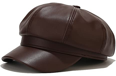 Voilipex Womens PU Leather Newsboy Cap Paperboy Newsie Cap Bakerboy Beret Cabbie Hat (Dark Brown)
