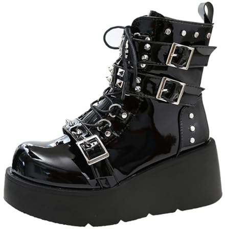 Ulalaza Bottines gothiques pour femmes avec plateforme et boucles chauve-souris, talons épais, bout rond, fermeture éclair, bottes de combat de moto punk, bottines gothiques courtes et confortables