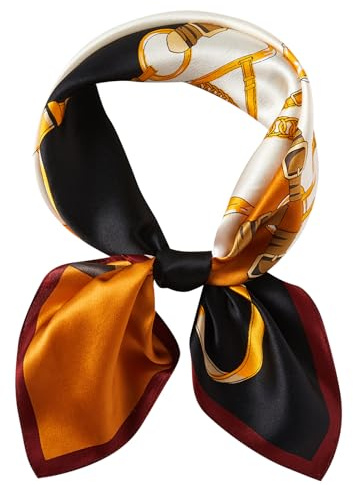 WUZININGLE Foulard carré 100% soie de mûrier véritable 68,6 cm en soie naturelle, emballage cadeau, Chaîne noire orange, 27 x 27 inches