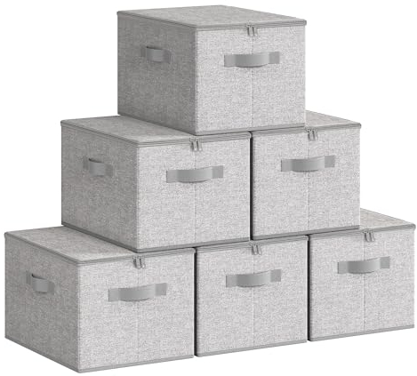 SONGMICS Scatole Portaoggetti con Coperchio, Set di 6 Contenitori Pieghevoli con Maniglie, Organizzatori per Vestiti e Giocattoli, 40 x 30 x 25 cm, Tessuto non tessuto, Grigio Tortora RZB003W02