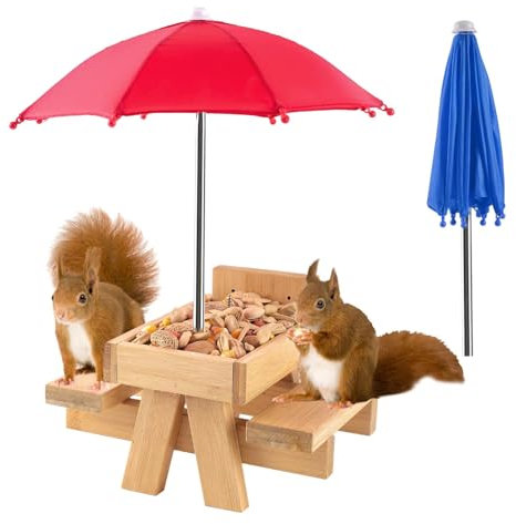 Mangeoire en bambou pour écureuils : convient pour l'alimentation en plein air des petits animaux tels que les écureuils. Cadre en bambou avec cadre en maïs, équipé de deux parapluies et d'un tabouret