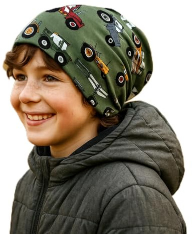Ullkyckling ekologiskt pojkar/flickor/barn bekväm mjuk lång mössa/mössa/beanie-mössa/stickad mössa/barnmössa, jerseyfodrad övergångsperioder (ekologiskt tyger/bio) .., Traktor grön/flerfärgad, 52-54