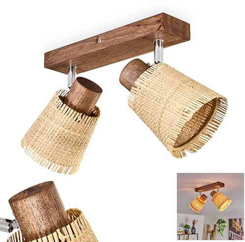 Lindberg Ceiling Light, Modern Made of Wood/Metal/Bast in Dark Brown/Chrome/Natural, luminaire with Two Lights in Scandinavian Design with Adjustable spotlights, 2 x E14, Without Illuminant