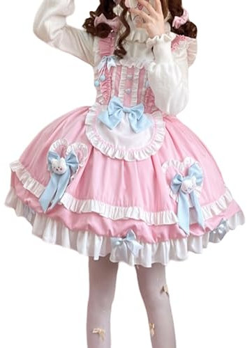 Doux noeud papillon, robe mignonne, bretelles à volants, robe Lolita, costume, pour adolescents, taille haute, A-ligne, robe de fête de princesse, rose, S