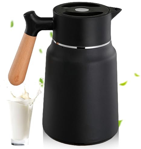 Cafetière isotherme en acier inoxydable de 1,5 l - Double paroi d'isolation sous vide - Avec poignée aspect bois - Pour thé, eau, boisson - Noir