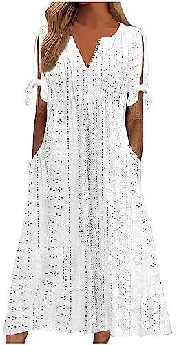 Dresses for Women UK, Holiday Essentials Ladies Summer Boho Dresses Short Sleeve Casual Beach Midi Sundress V Neck Hollow Out Eyelet Ruffle Swing A Line Flowy Vacation Dress White