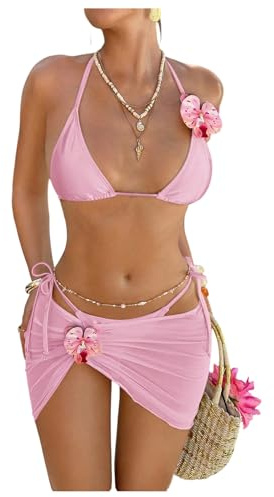 OYOANGLE Women's 3 Piece 3D Floral Cheeky Bikini Set Triangle String Thong Swimsuit with Cover Up Skirt Pink X-Small