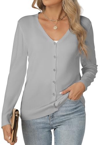 Famrrifuu Gilet Femme Cardigan avec Bouton Col en V Été Printemps Manches Longues Veste Tricot Léger Casual Gilets