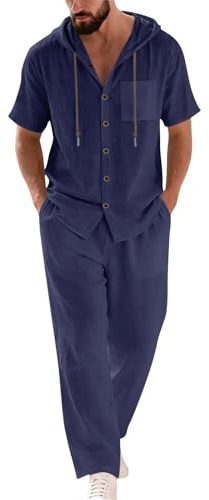 Completo estivo da uomo in lino, 2 pezzi, a maniche corte, con bottoni, pantaloni larghi, per spiaggia, vacanze, abbigliamento da casa, Marina Militare, L