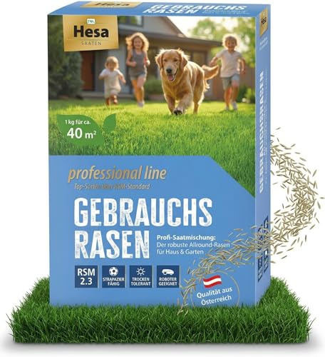 Hesa Césped profesional Line, 1 kg para 40 m², RSM 2.3, semilla de césped de germinación rápida Premium para deportes y juegos, semillas de hierba resistentes y robustas en calidad profesional