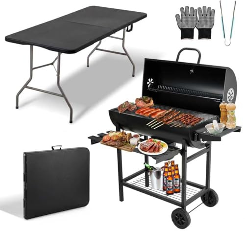 TEENO Tavolo Pieghevole da Esterno Nero e Carrello per Barbecue, Grill XXL a carbone con coperchio con Blocco Sicurezza, Griglia BBQ con Termometro e Girarrosto