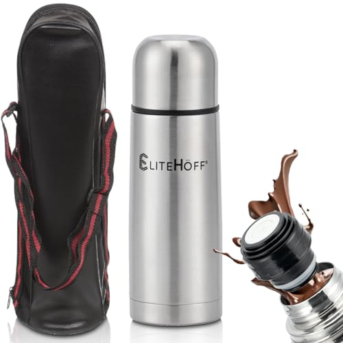 EliteHoff Thermosflasche mit Becher, Isolierkanne Edelstahl Doppelwandig (350ml, 500ml, 750ml oder 1L)+ Tragetasche für Thermoskanne (Silber, 350 ml)