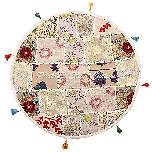 Stylo Culture Cuscino Da Terra Rotondo In Cotone Vintage Patchwork Ricamato Bianco 55x55 Tuffet Floor Copricuscino