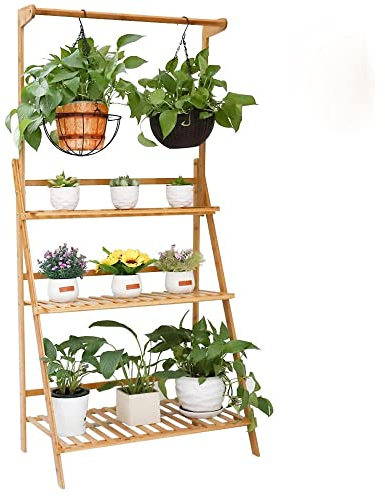 unho Estantería para Macetas de Bambú Escalera para Flores Plantas con 3 Niveles y Barra de Colgar Soporte para Macetas Exterior Interior Jardín 70 x 40 x 96cm