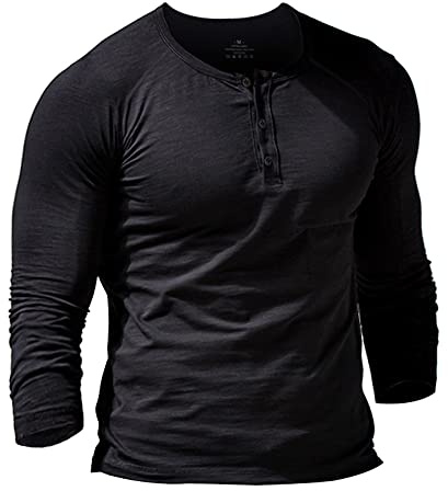 Uomo Slub Henley Maglie a Manica Lunga Corta Leggero vestibilità Morbida Casuale con 3 Pulsanti abbottonatura Girocollo Camicie 9308 Nero L