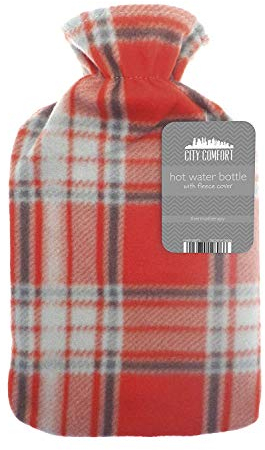 Wärmflasche mit schönen Fleece-Druck Soft Cover Premium Naturkautschuk 2 Liter Heißwasser-Tasche - hilft Wärme und Komfort (Rot/Grau Kariert)
