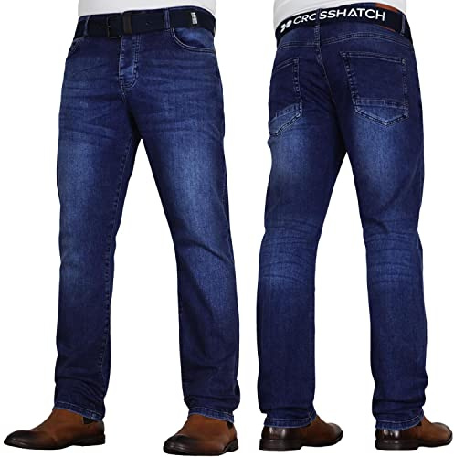 Crosshatch Men’s New Embossed Techno Straight Fit Denim Jeans-Dark Wash with Branded Belt, Contrast Stitching & Embossed Back Pocket Detail,W36 L32