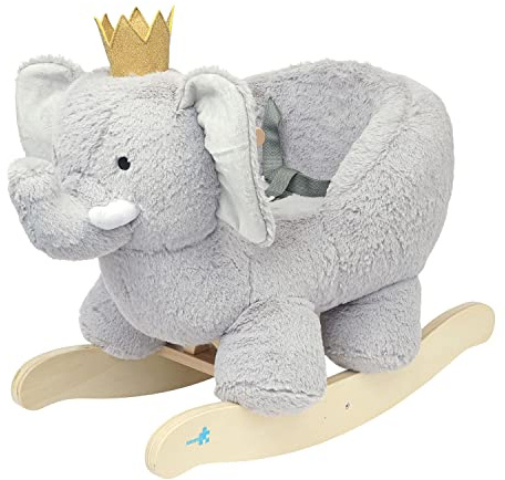 Manhattan Toy Plush Elephant Wooden Rocking Toy with Crown, Adjustable Seat Belt and Wooden Hand Grips Large