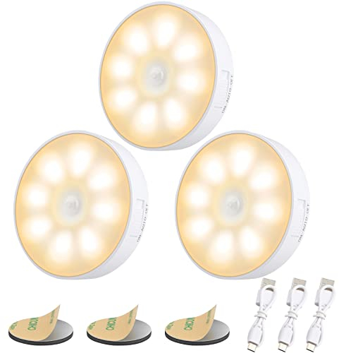 Electight 3 Stück 8 LEDs Nachtlicht mit Bewegungsmelder, Nachtlampe, USB Wiederaufladbares, 3 Modi Einstellbar, Auto/ON/Off, für Schlafzimmer, Schrank,Toilette, Flure - 3000K Warmweiß