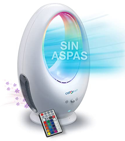 GALERIA DEL COLECCIONISTA Ventilador SIN ASPAS COLOR AIR: SEGURO, POTENTE. Flujo continuo, Sistema de purificación, Aromaterapia y Cromoterapia. Con Mando y Temporizador para Apagado automático