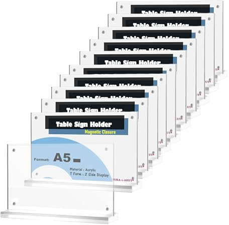 TUKA-i-AKUT 10x A5 Quer Tischaufsteller Acryl Transparent mit Magnetverschluß, Doppelseitig Display Prospekthalter Flyer Aufsteller Tisch Werbeaufsteller, Glasklar T-Ständer TKD8241-A5-W-10x