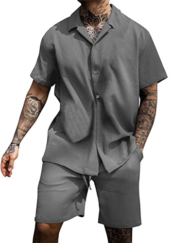 Tuta Spiaggia Uomo Estivi Completi da Ginnastica Felpa Completo da Uomo 2 Pezzi Sets Estivo Camicie + Pantaloncini Completa in Cotone Maniche Corte Tuta Colore Solido Casual Completi da Jogging Moda